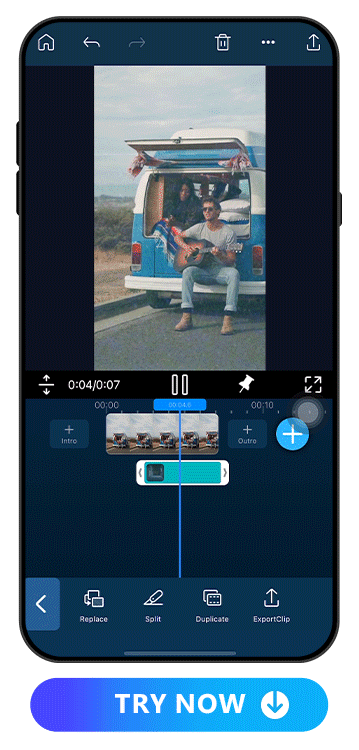 export and share a man sitting behind a van video with VHS effect